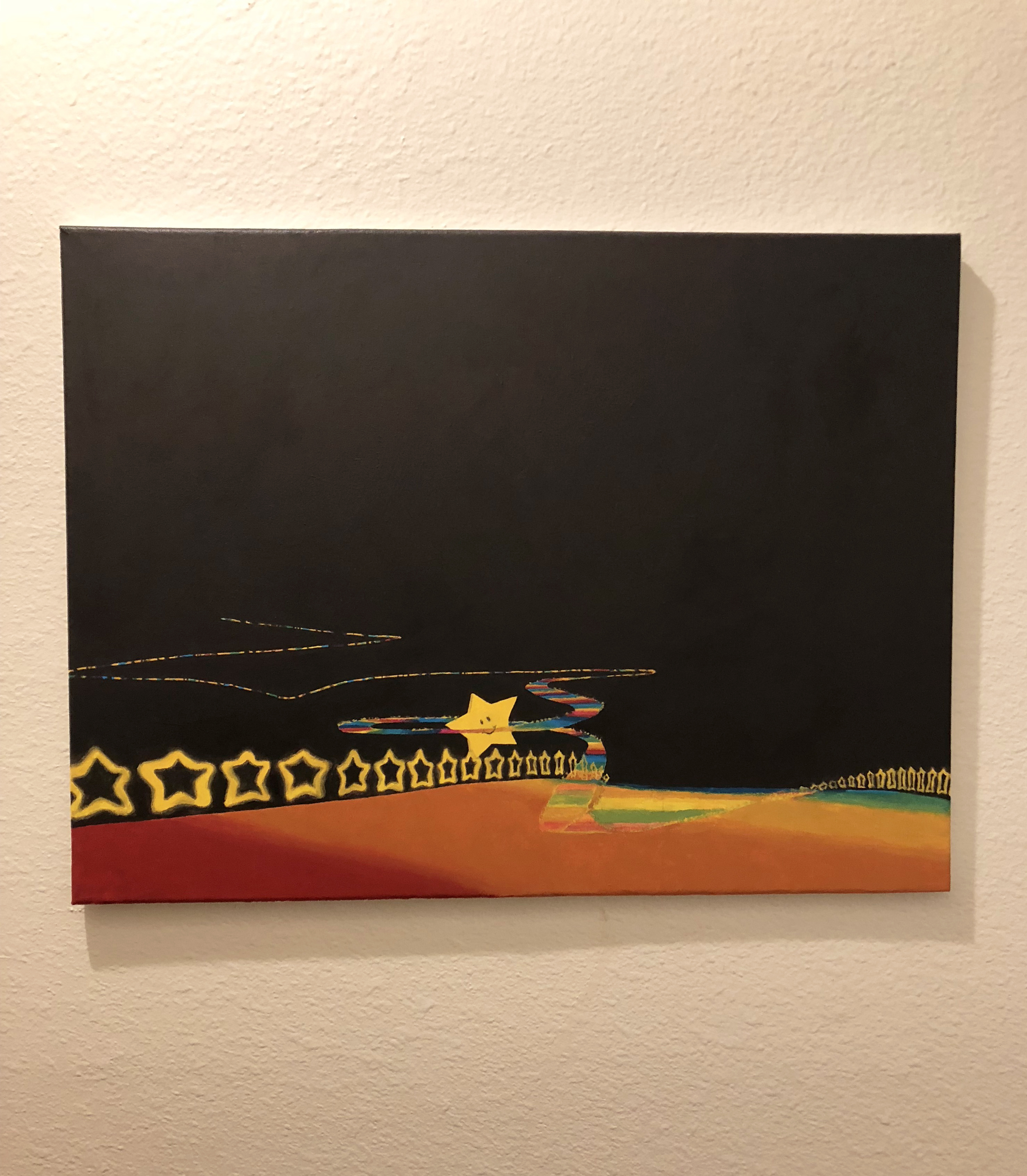 Acrylic paiting on a ranbow road in black space hung on a white wall